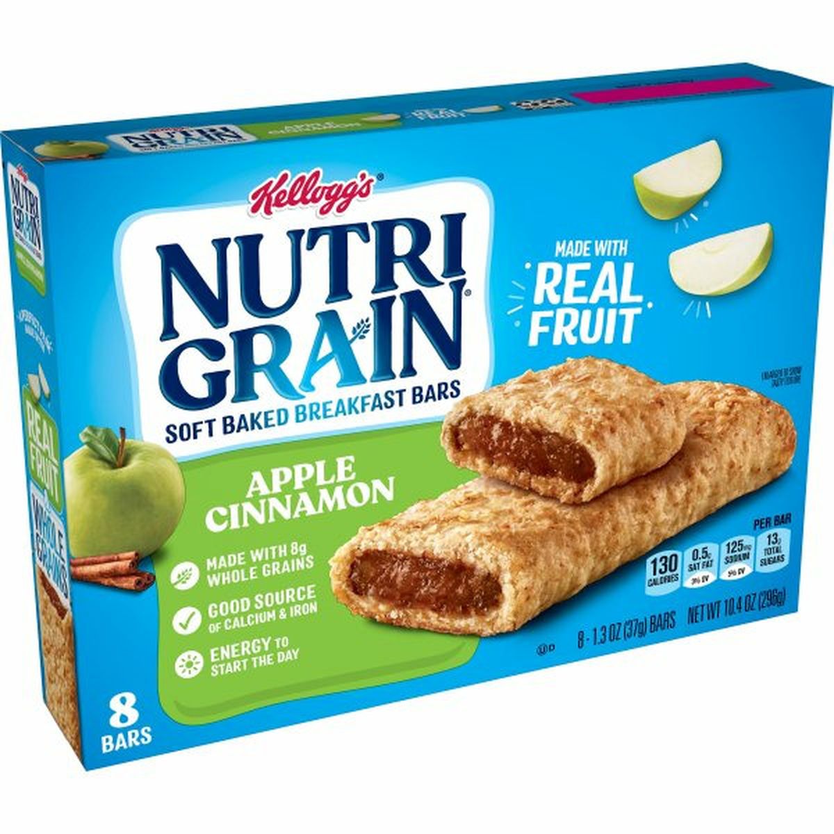 Calories in Kellogg's Nutri-Grain Bars Kellogg's Nutri-Grain Soft Baked Breakfast Bar, Apple Cinnamon, Mid-Morning Snacks, 8ct 10.4oz