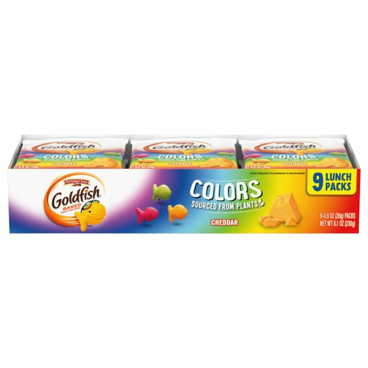 Calories in Pepperidge Farms  Goldfishs Baked Snack Crackers, Colors, Cheddar, 9 Lunch Packs