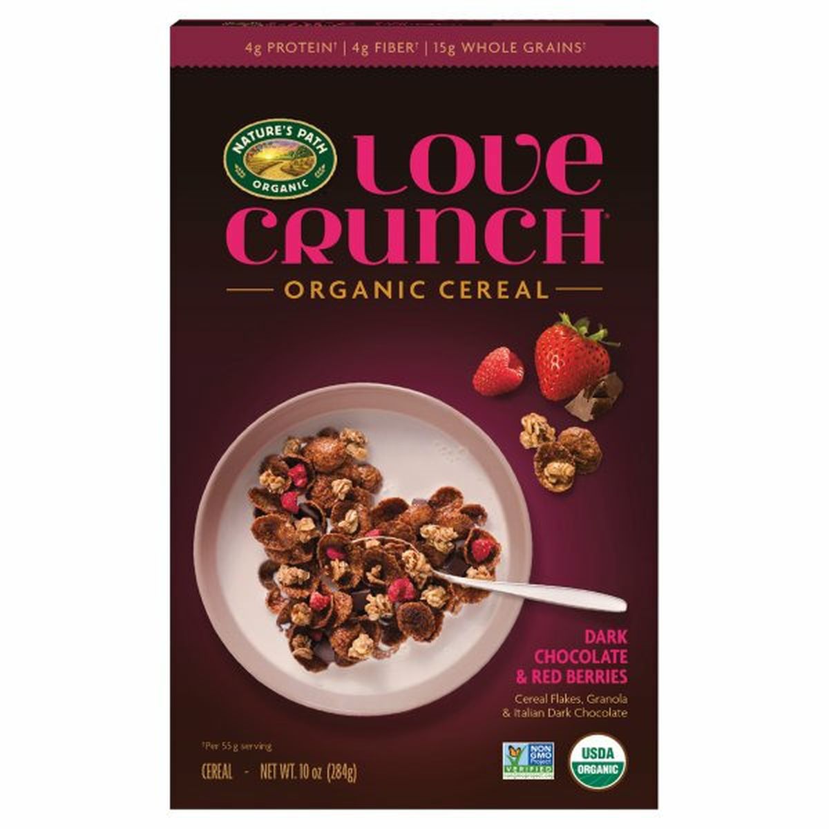 Calories in Natureâ€™s Path Love Crunch Cereal, Organic, Dark Chocolate & Red Berries