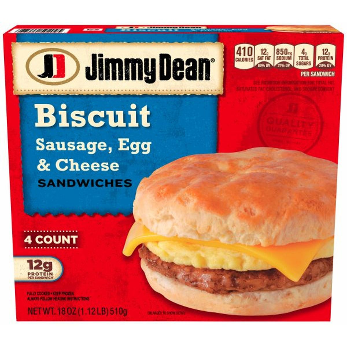 Calories in Jimmy Dean Frozen Sausage, Egg & Cheese Biscuit Breakfast Sandwiches