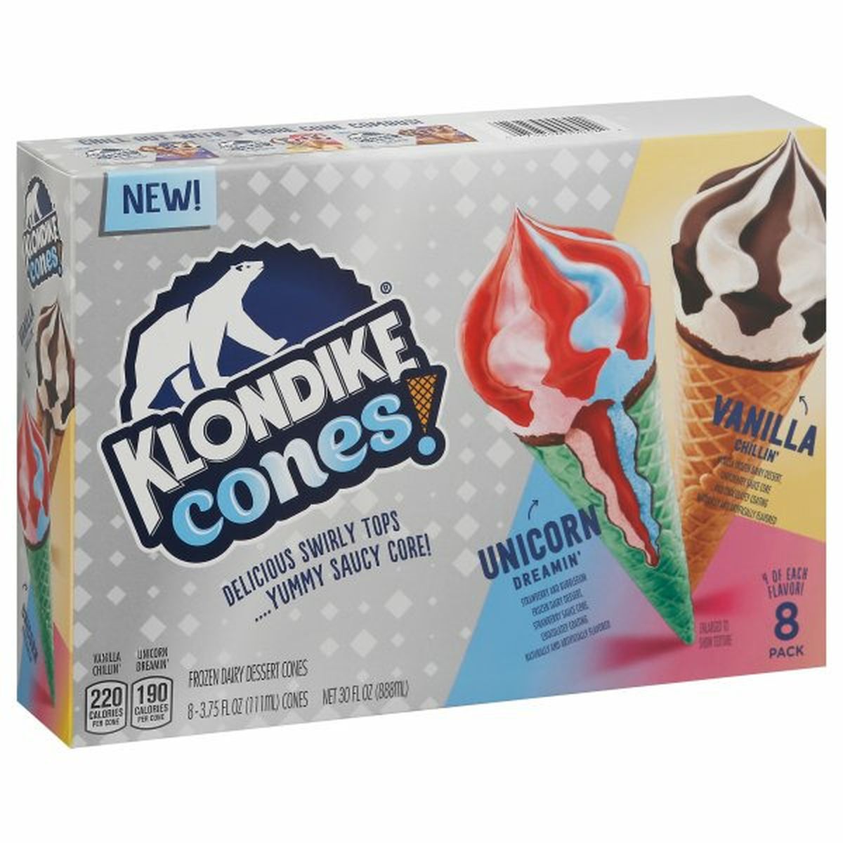 Calories in Klondike Cones! Frozen Dairy Dessert Cones, Unicorn Dreamin/Vanilla Chillin, 8 Pack