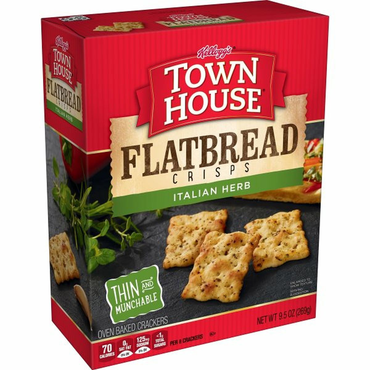 Calories in Kellogg's Town House Crackers Kellogg's Town House Flatbread Crisps Crackers, Italian Herb, Ready To Dip Snacks, 9.5oz