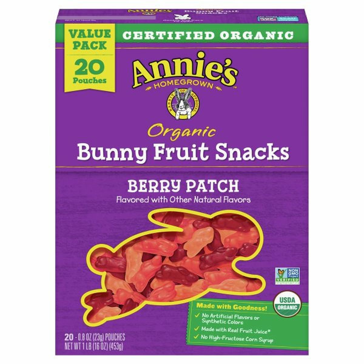 Calories in Annie's Homegrown Bunny Fruit Snacks, Organic, Berry Patch, Value Pack, 20 Pack