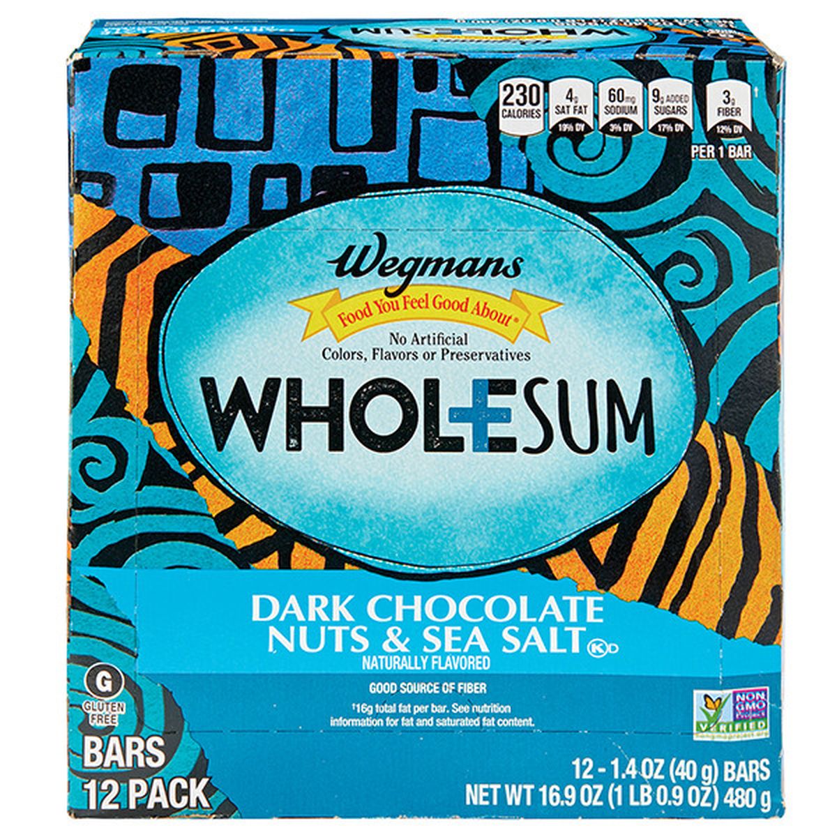 Calories in Wegmans Dark Chocolate Nuts & Sea Salt Wholesum Bar 12ct box