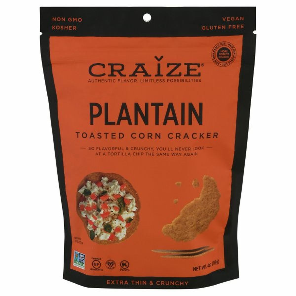Calories in Craize Corn Cracker, Toasted, Plantain