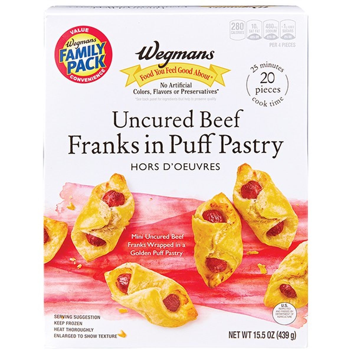 Calories in Wegmans Hors D Oeuvres Uncured Beef Franks in Puffed Pastry, FAMILY PACK
