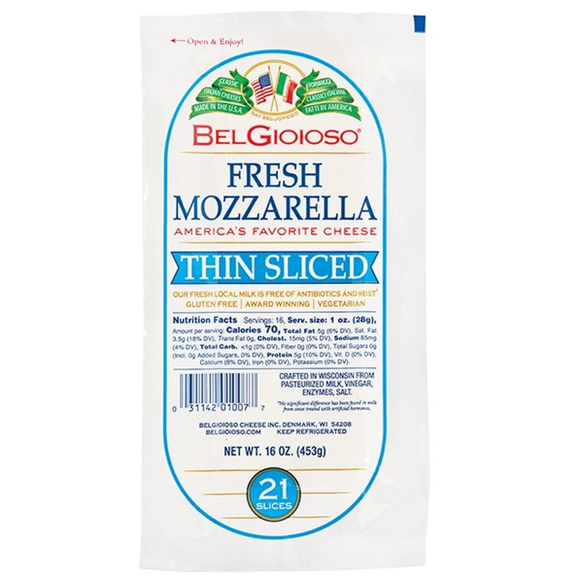 Calories in BelGioioso Mozzarella Cheese, Thin Sliced
