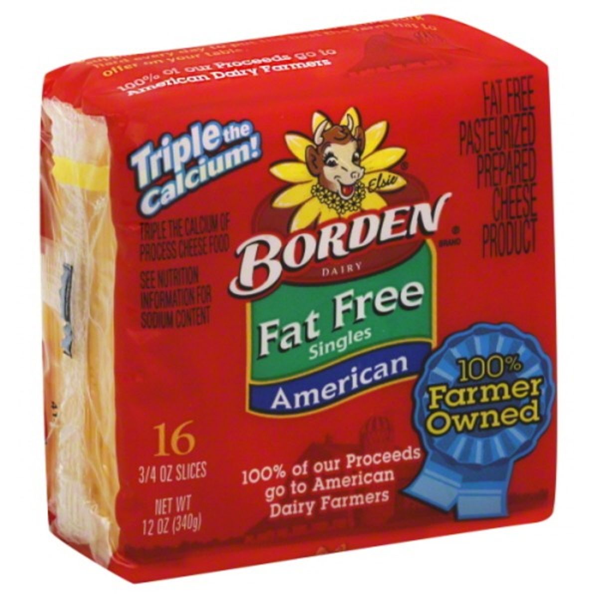 Calories in Borden Singles Cheese Product, Pasteurized Prepared, American, Fat Free