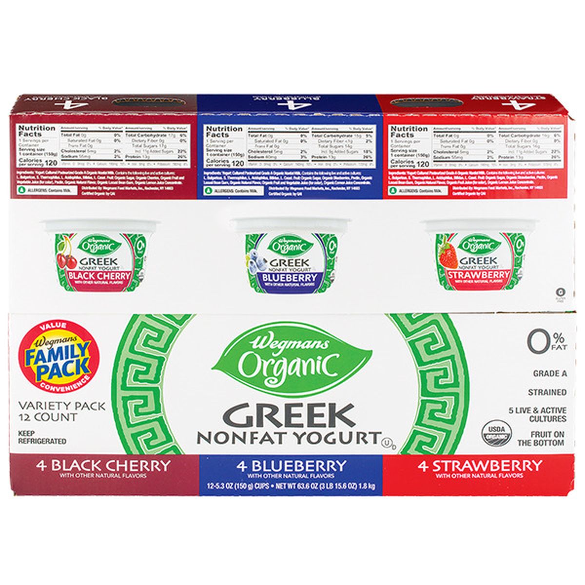 Calories in Wegmans Organic Greek Nonfat Yogurt Variety Pack, FAMILY PACK