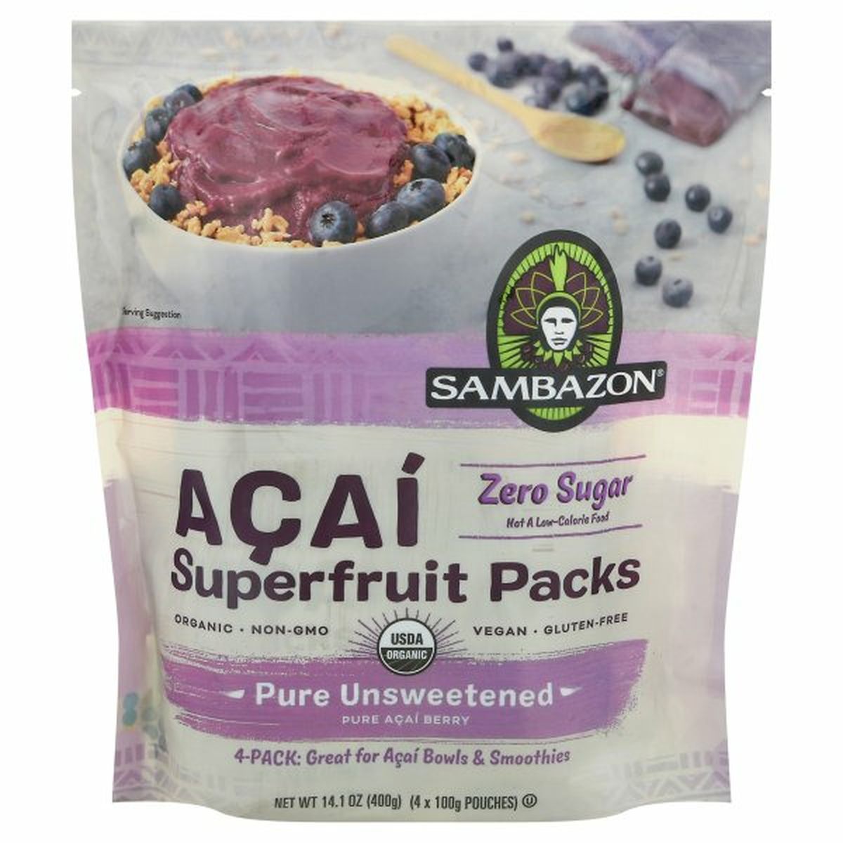 Calories in Sambazon Acai Superfruit Packs, Pure Unsweetened, Pure Acai Berry, 4 Pack