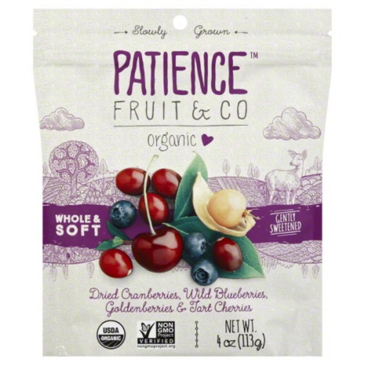 Calories in Patience Fruit Dried Cranberries, Wild Blueberries, Goldenberries & Tart Cherries, Organic, Gently Sweetened