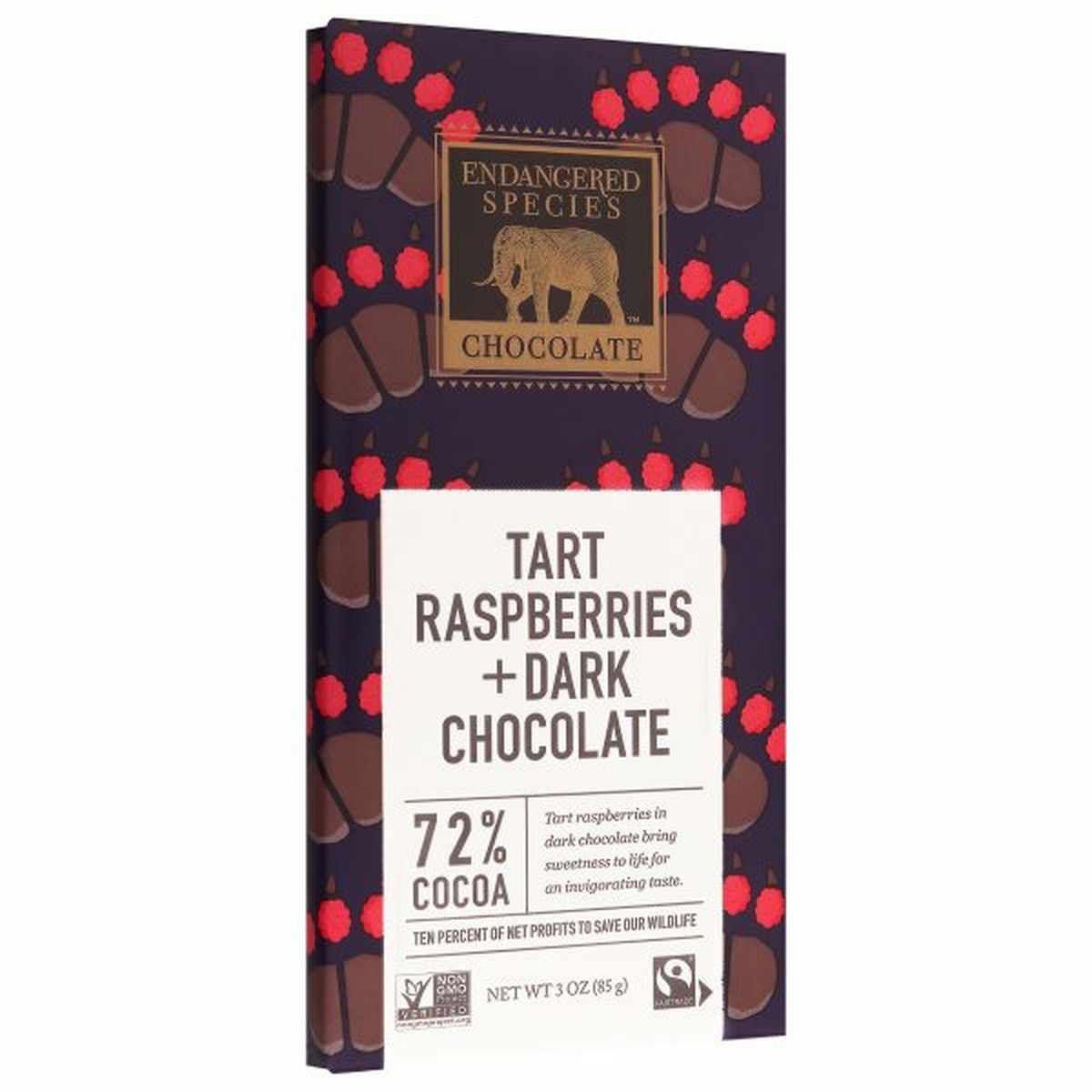 Calories in Endangered Species Chocolate, Tart Raspberries + Dark Chocolate, 72% Cocoa