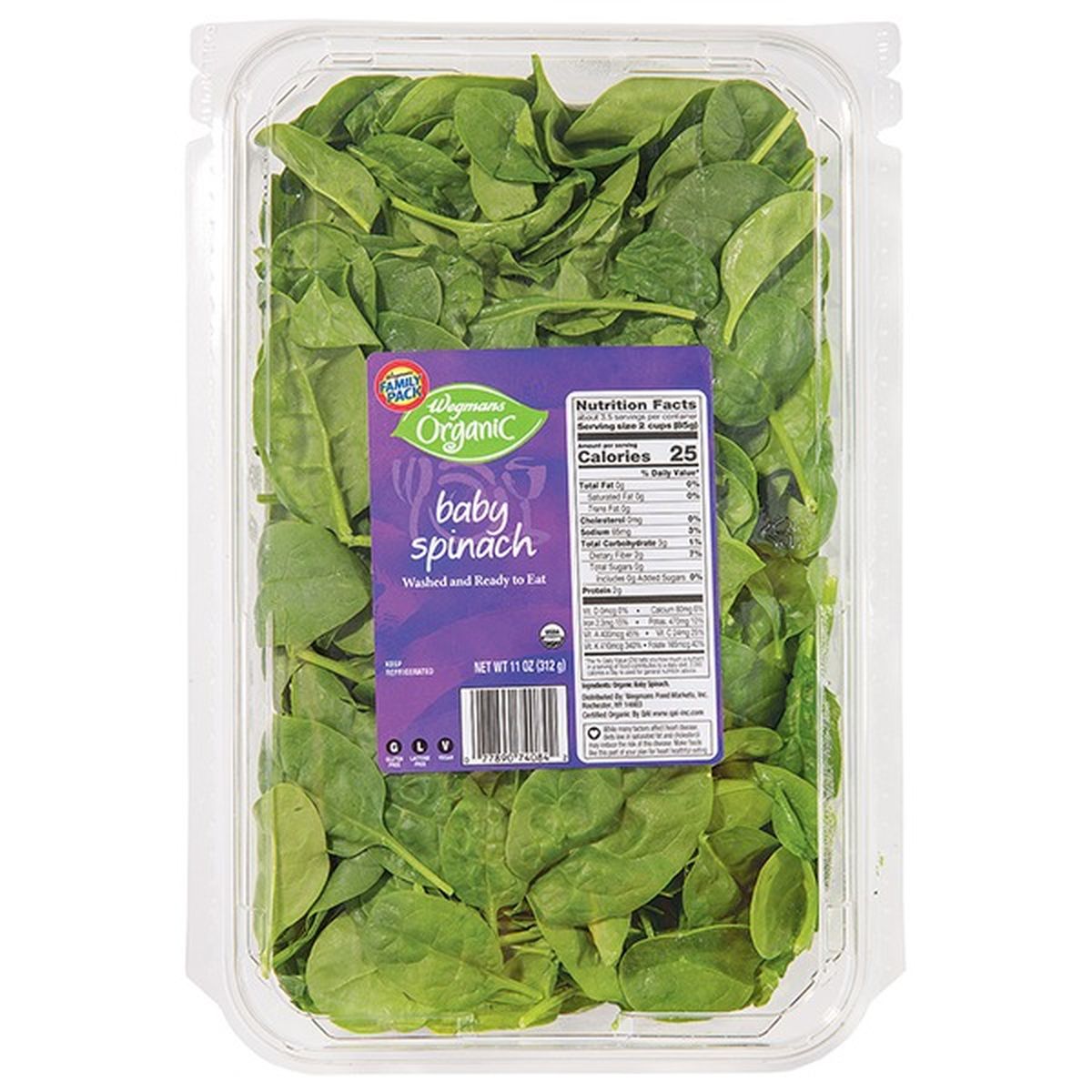 Calories in Wegmans Organic Baby Spinach, FAMILY PACK