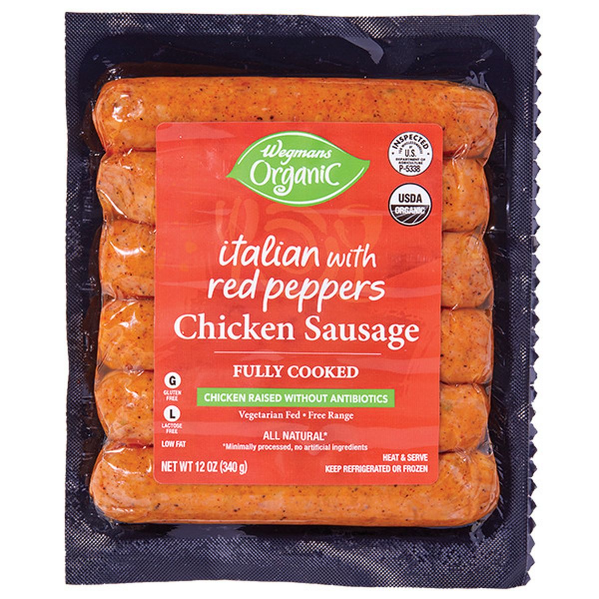 Calories in Wegmans Organic Chicken Sausage, Italian with Red Peppers