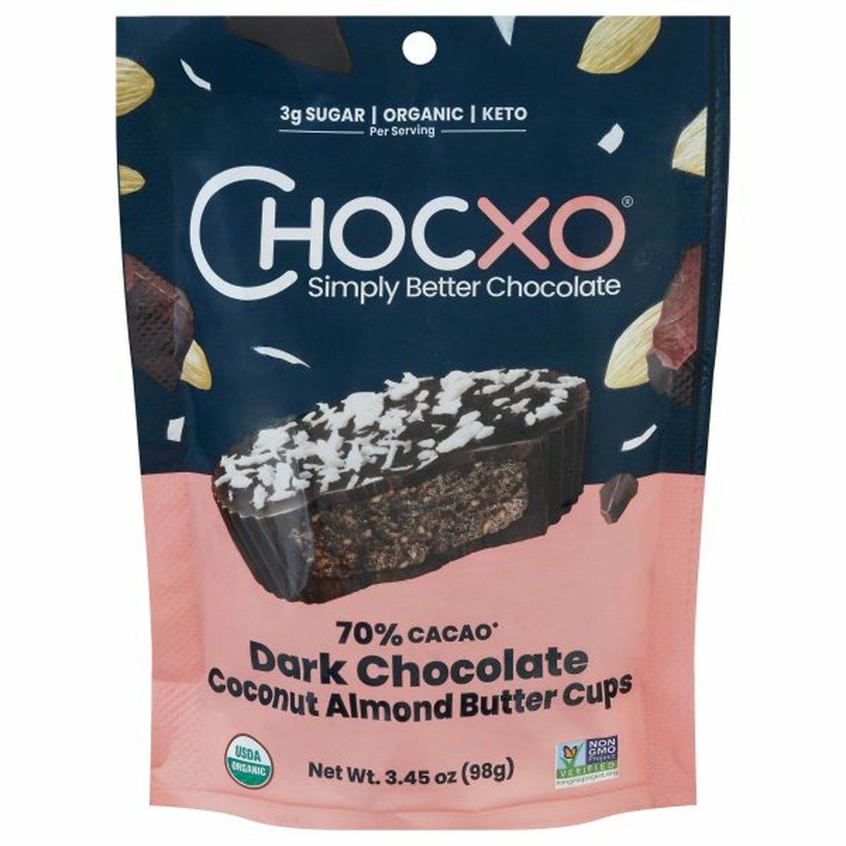Calories in ChocXo Dark Chocolate, Coconut Almond Butter Cups, 70% Cacao