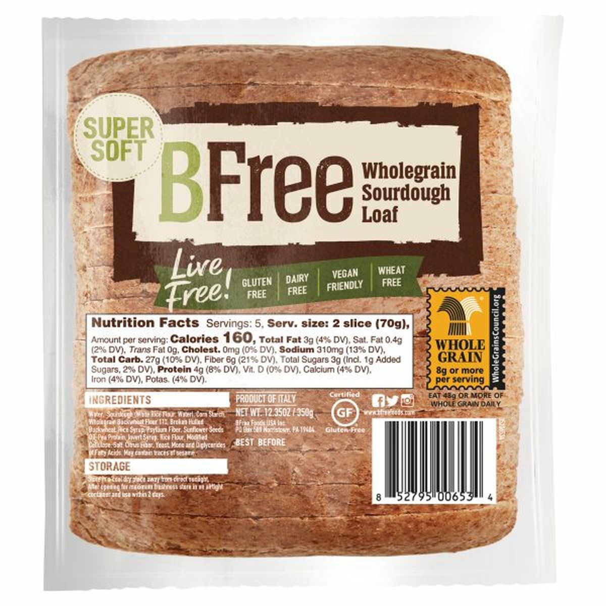 Calories in BFree Loaf, Sourdough, Wholegrain, Super Soft
