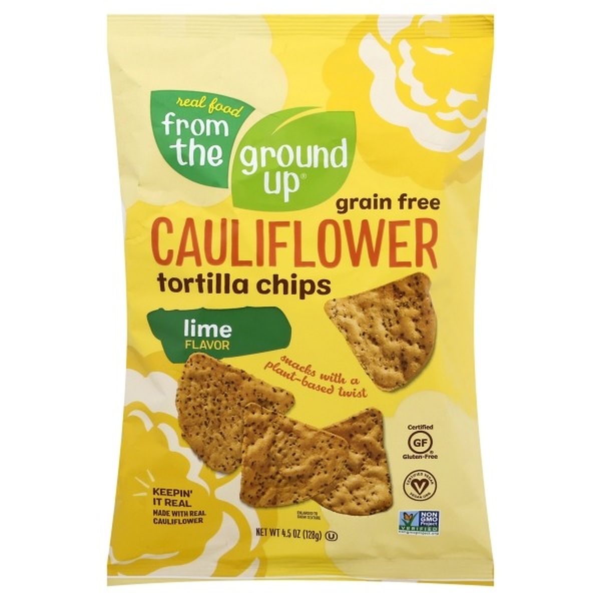 Calories in From the Ground Up Tortilla Chips, Cauliflower, Grain Free, Lime Flavor
