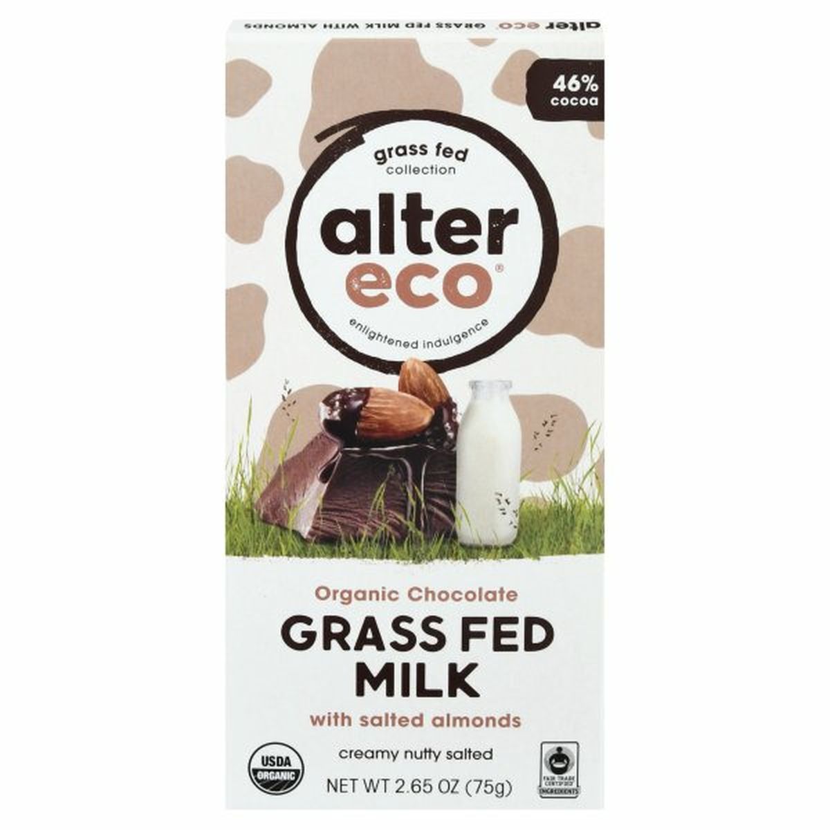 Calories in Alter Eco Chocolate, Organic, Grass Fed Milk with Salted Almonds, 46% Cocoa