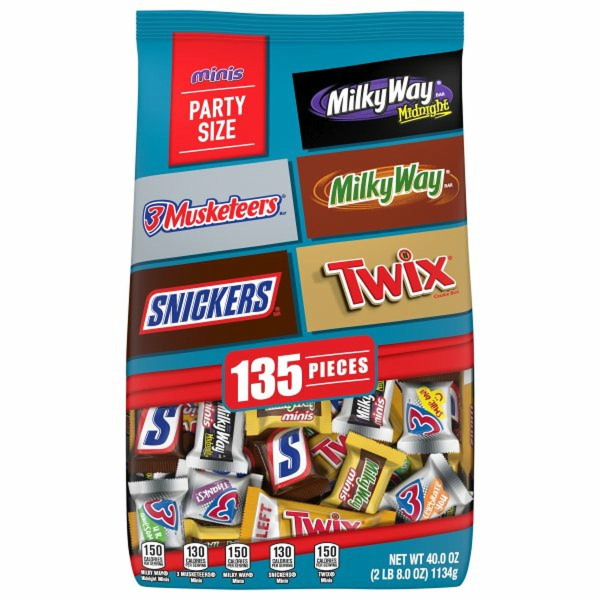 Calories in Snickers, Twix, 3 Musketeers & Milky Way Candies, Assorted, Minis, Party Size