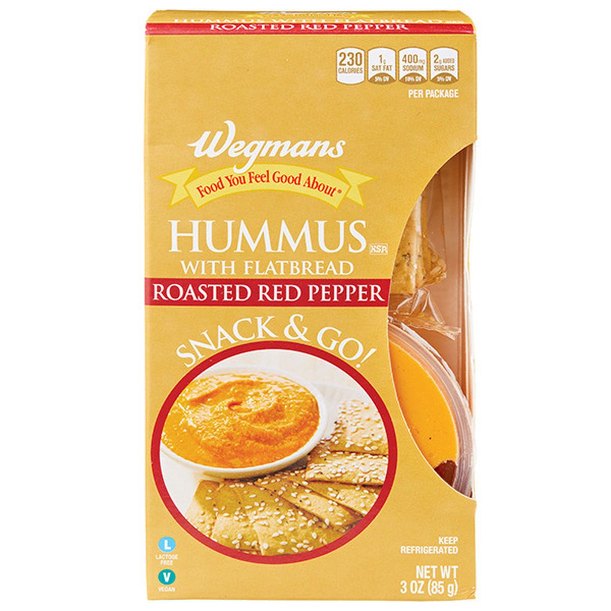 Calories in Wegmans Roasted Red Pepper Hummus with Flatbread, Snack Pack