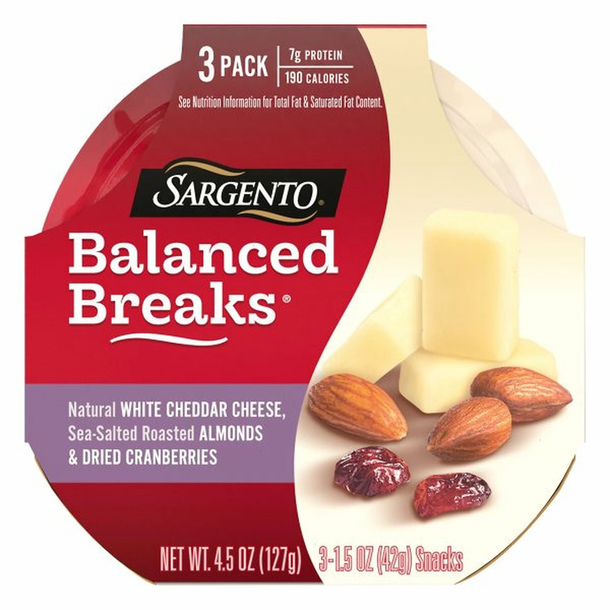 Calories in Sargentos Balanced Breaks, White Cheddar/Almonds/Cranberries, 3 Pack