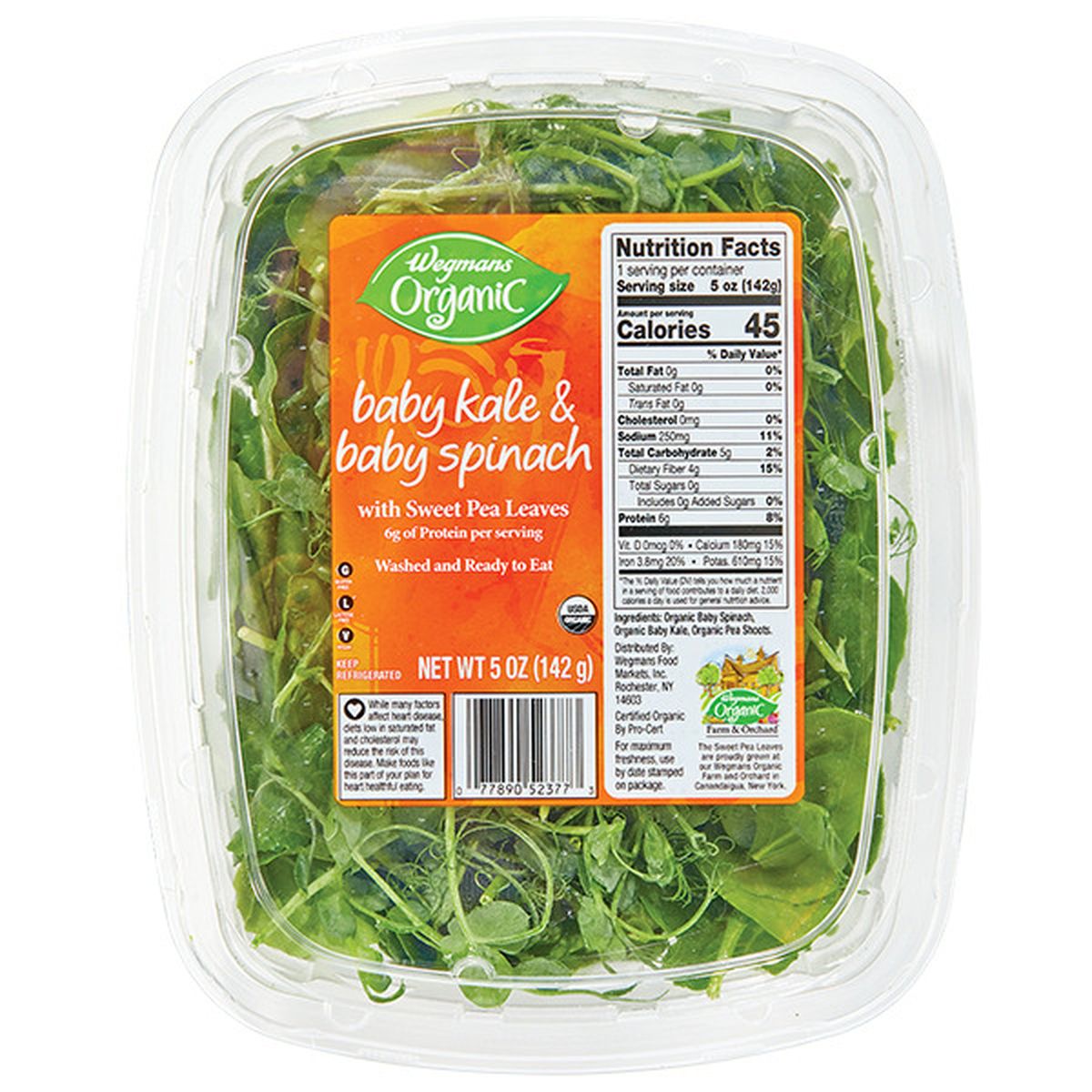 Calories in Wegmans Organic Baby Kale & Baby Spinach with Sweet Pea Leaves