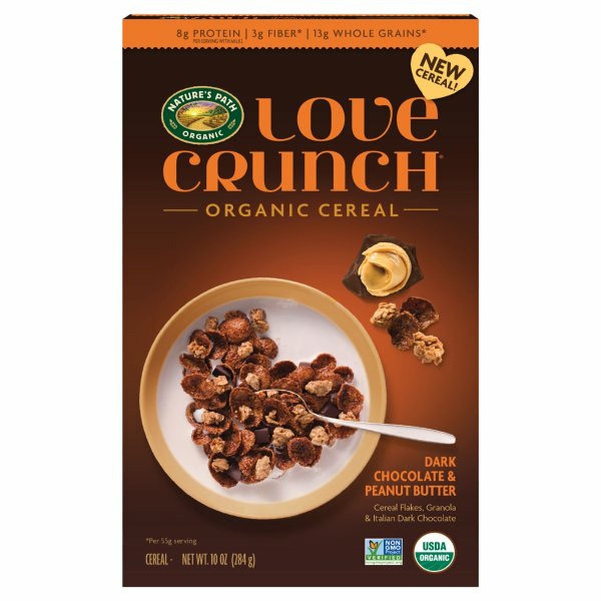 Calories in Natureâ€™s Path Love Crunch Cereal, Organic, Dark Chocolate & Peanut Butter