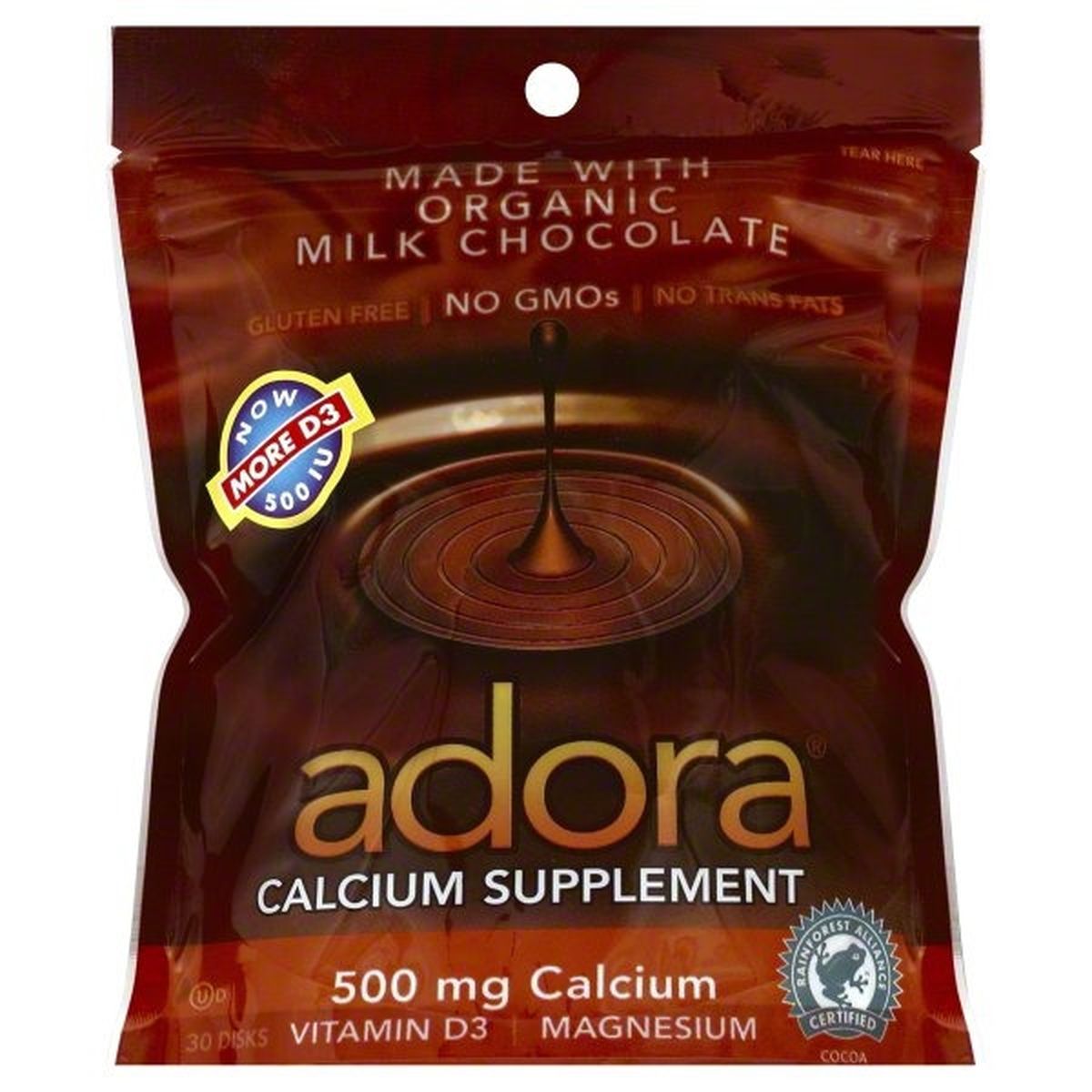 Calories in Adora Calcium, 500 mg, Disks, Milk Chocolate