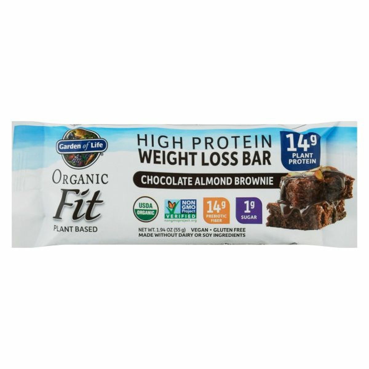 Calories in Garden of Life Organic Fit Weight Loss Bar, High Protein, Chocolate Almond Brownie
