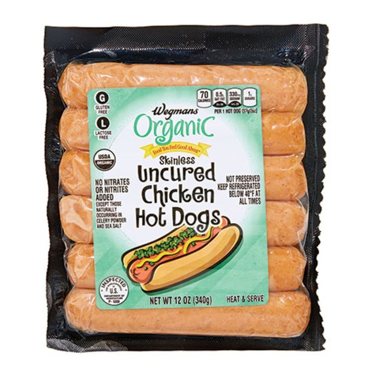 Calories in Wegmans Organic Skinless Uncured Chicken Hot Dogs