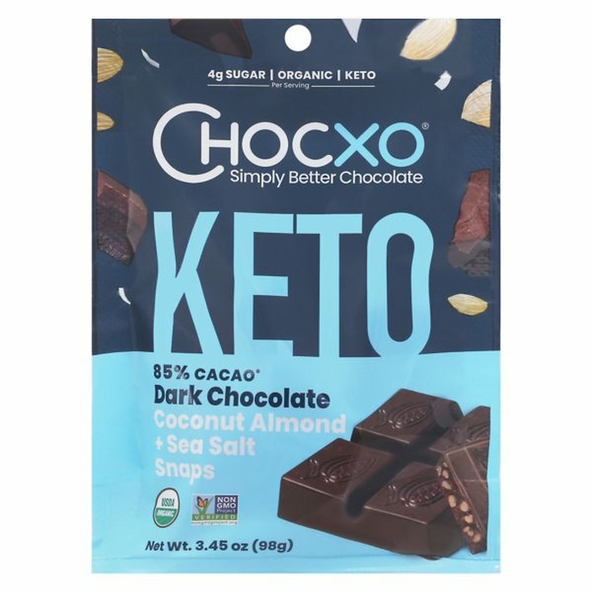 Calories in ChocXo Coconut & Almonds + Sea Salt Snaps, Dark Chocolate