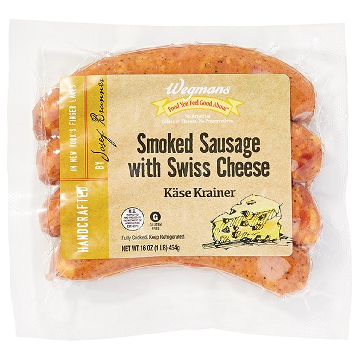 Calories in Wegmans Sausage, Kase Krainer, Smoked with Swiss Cheese