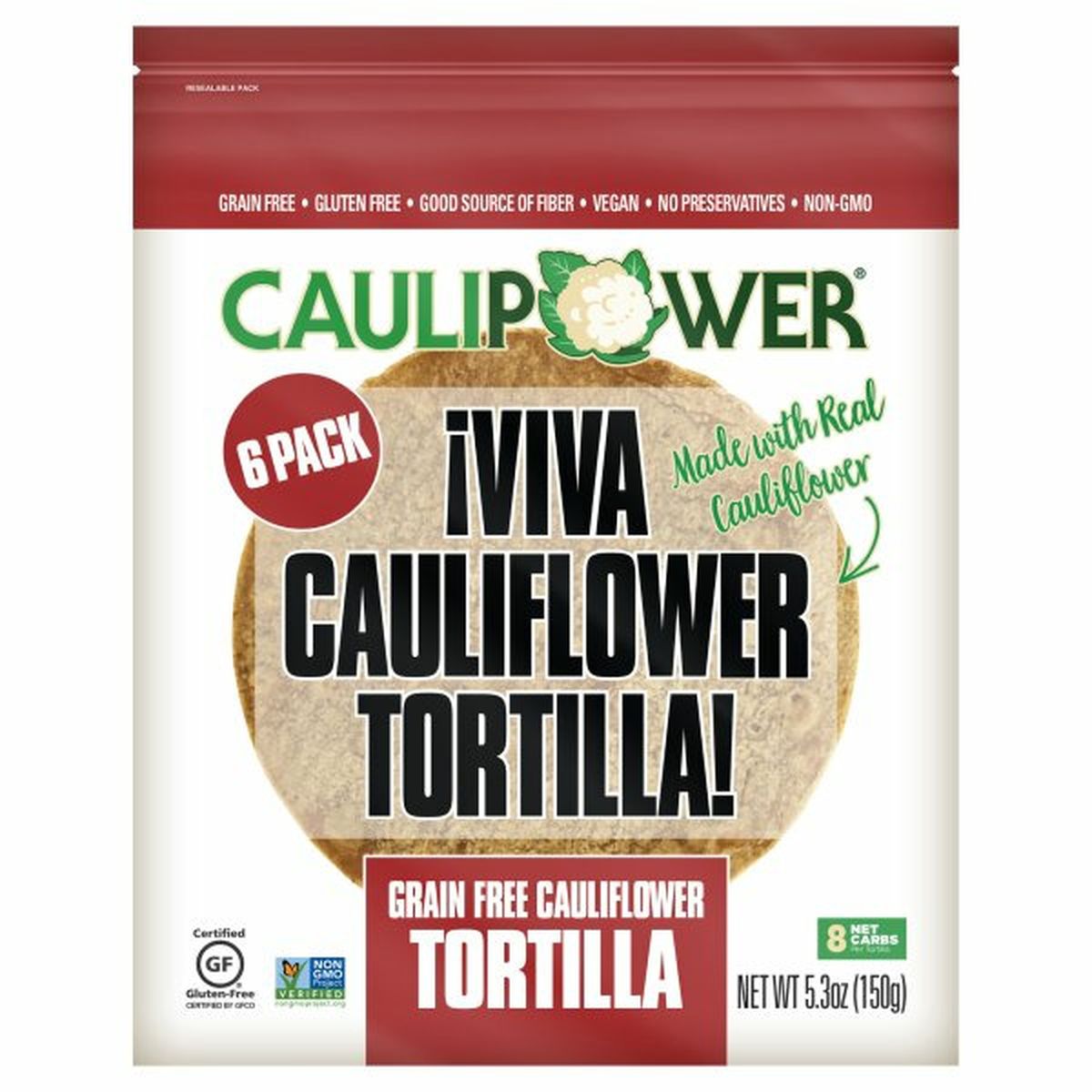 Calories in Caulipower Cauliflower Tortilla, Grain Free, 6 Pack