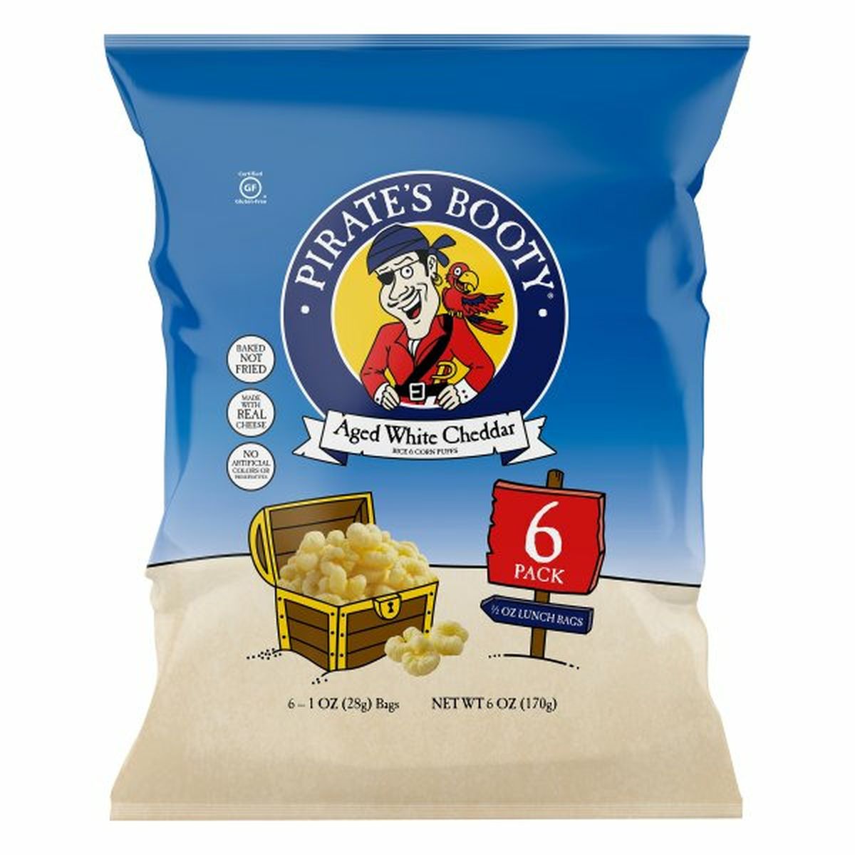 Calories in Pirate Brands Rice & Corn Puffs, Aged White Cheddar, 6 Pack