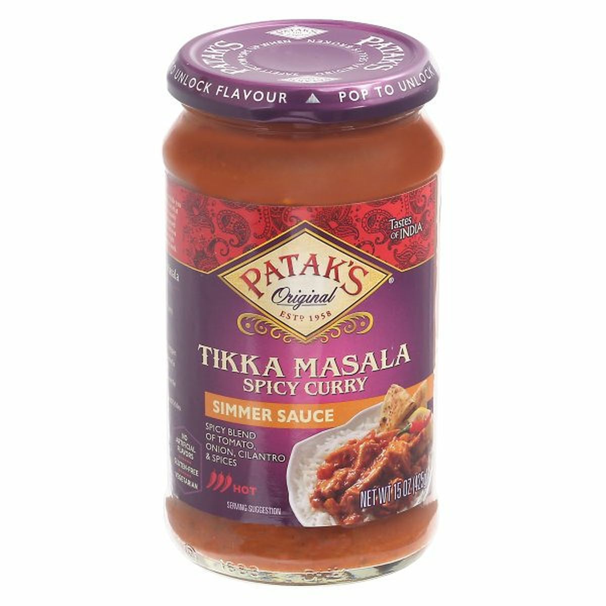 Calories in Pataks Original Simmer Sauce, Tikka Masala, Spicy Curry, Hot