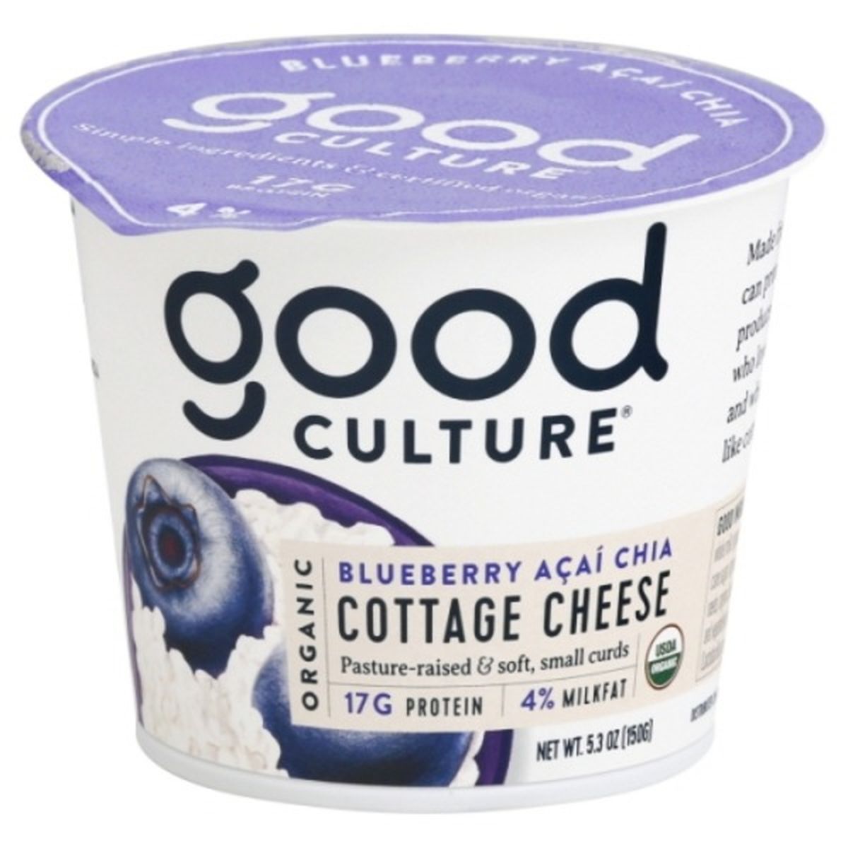 Calories in Good Culture Cottage Cheese, Organic, Blueberry Acai Chia