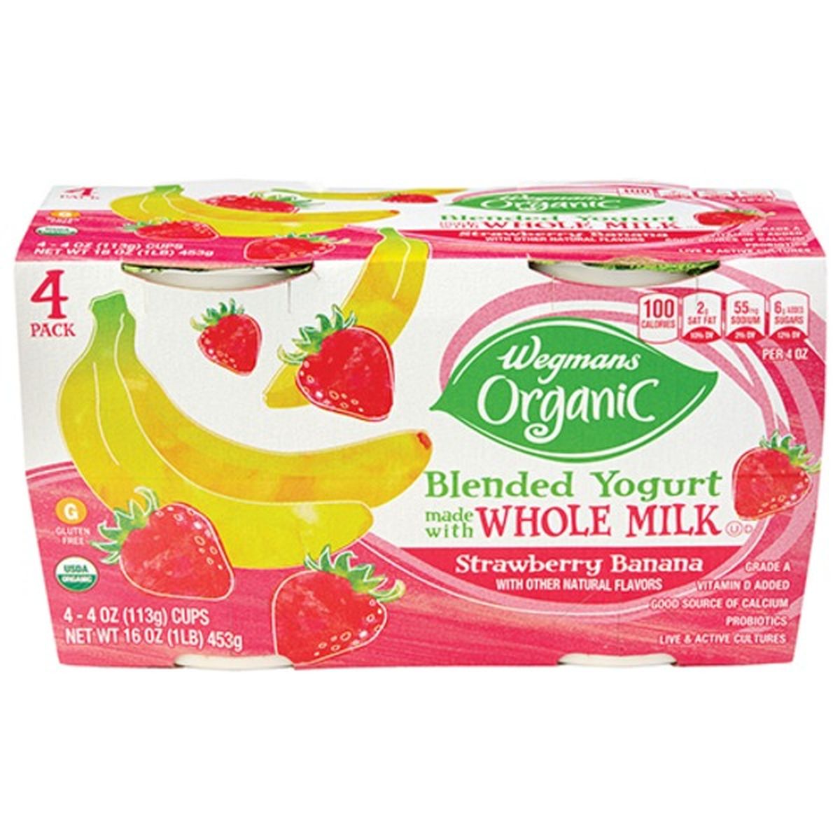 Calories in Wegmans Organic Whole Milk Strawberry Banana Yogurt, 4 PACK