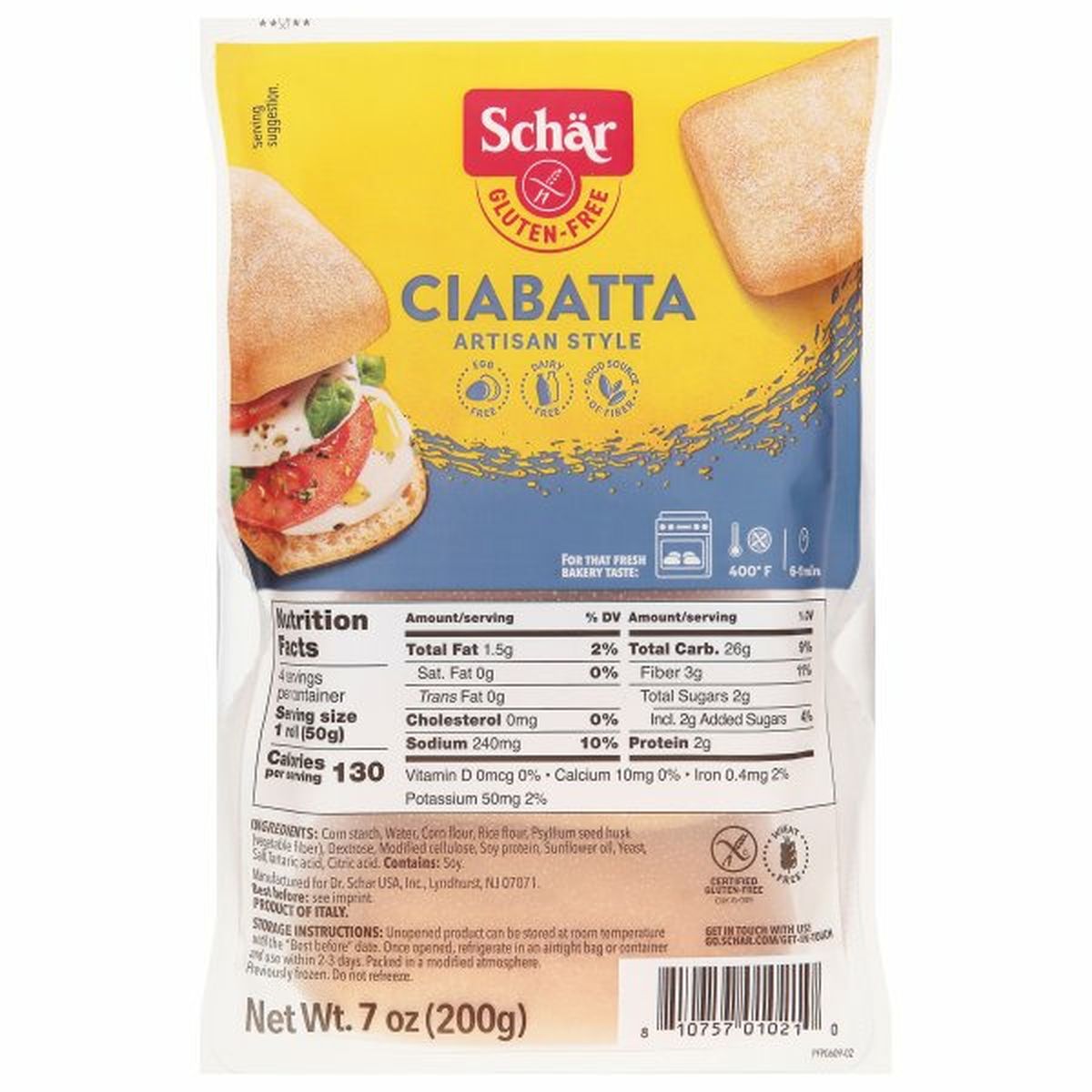 Calories in Schar Ciabatta, Gluten-Free, Artisan Style