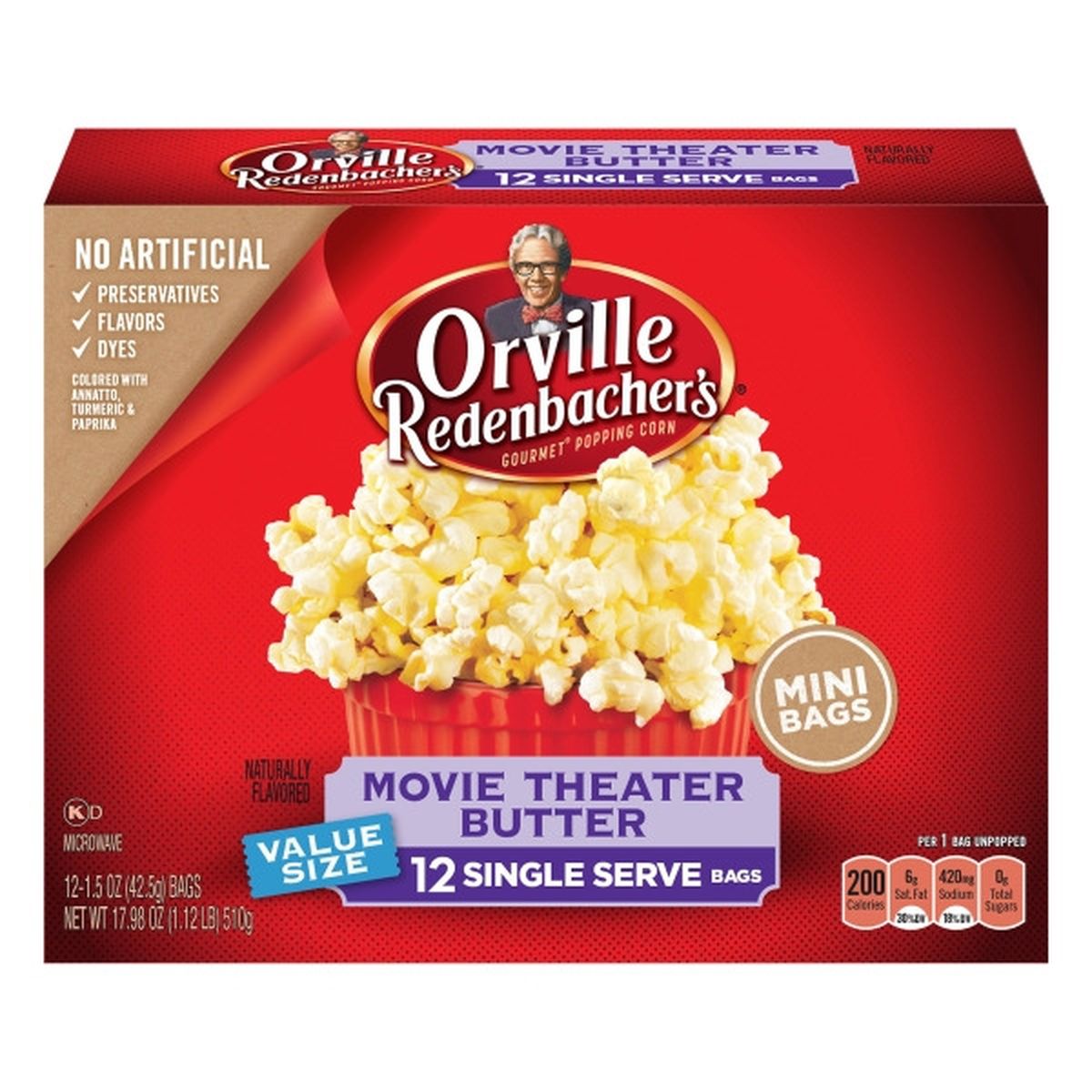 Calories in Orville Redenbacher's Popping Corn, Movie Theater Butter, Mini, Value Size, 12 Single Serve Bags