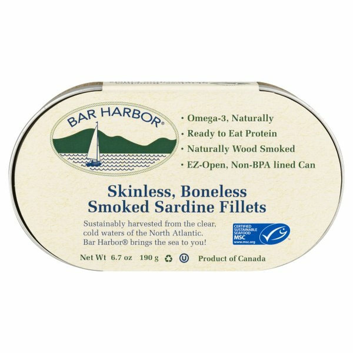 Calories in Bar Harbor Sardine Fillets, Skinless, Boneless, Smoked