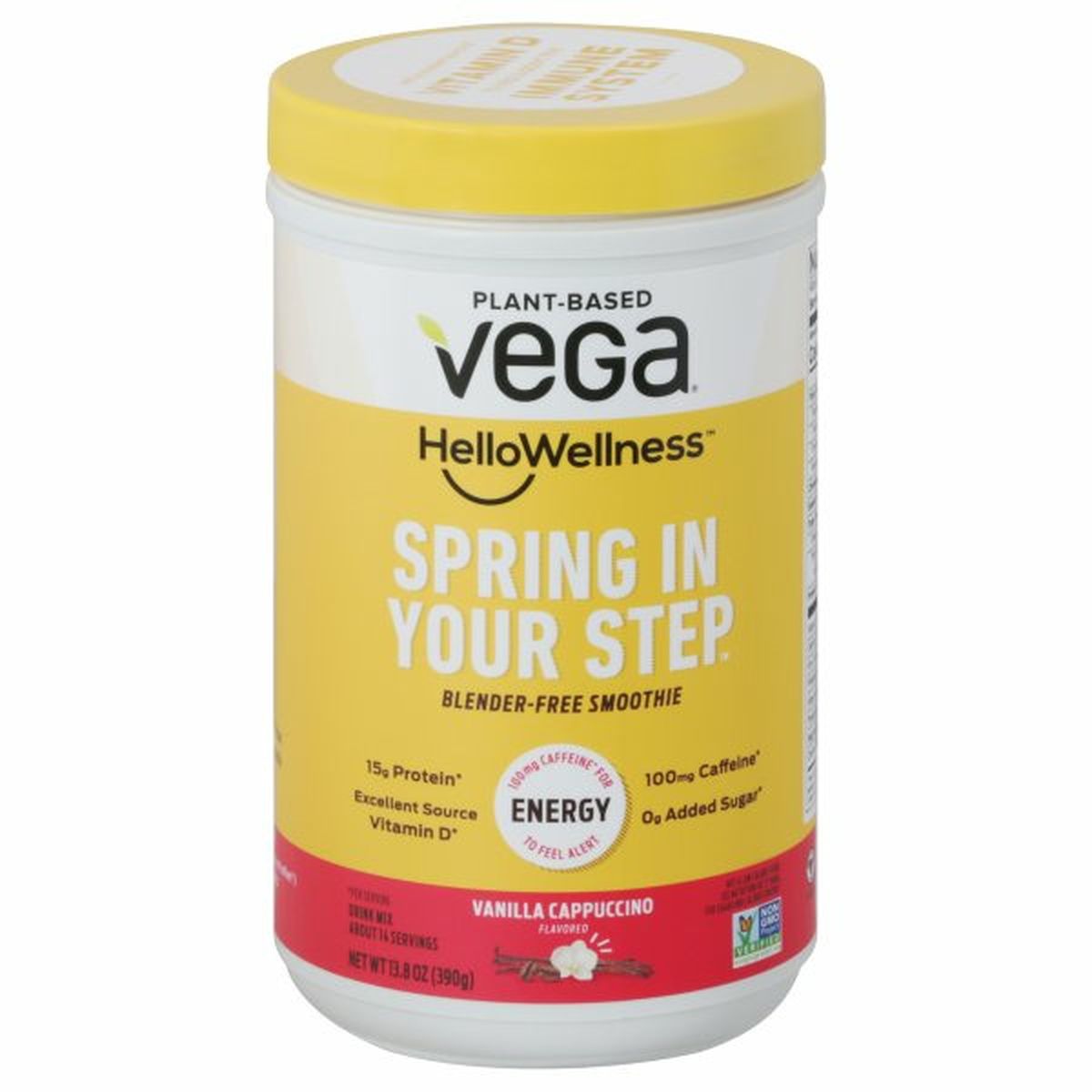 Calories in Vega HelloWellness Drink Mix, Vanilla Cappuccino Flavored, Energy, Spring in Your Step