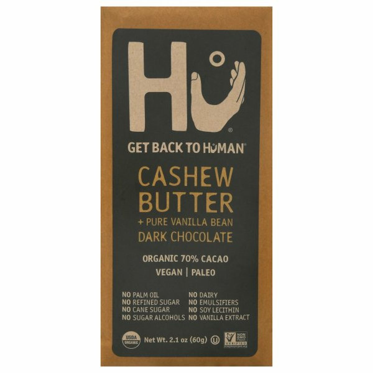 Calories in Hu Dark Chocolate, Organic, Cashew Butter + Pure Vanilla Bean, 70% Cacao