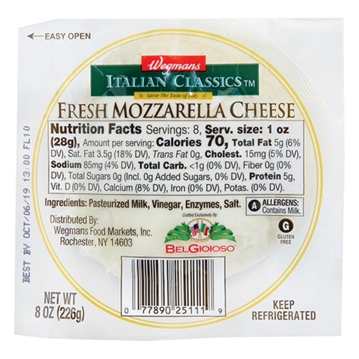 Calories in Wegmans Fresh Mozzarella Cheese