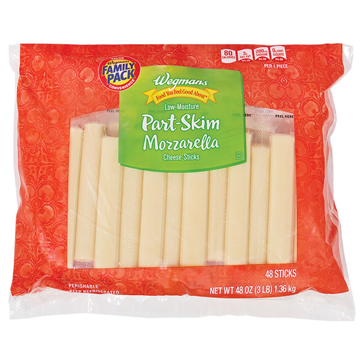 Calories in Wegmans Part-Skim Mozzarella Cheese Sticks, 48 Count, FAMILY PACK