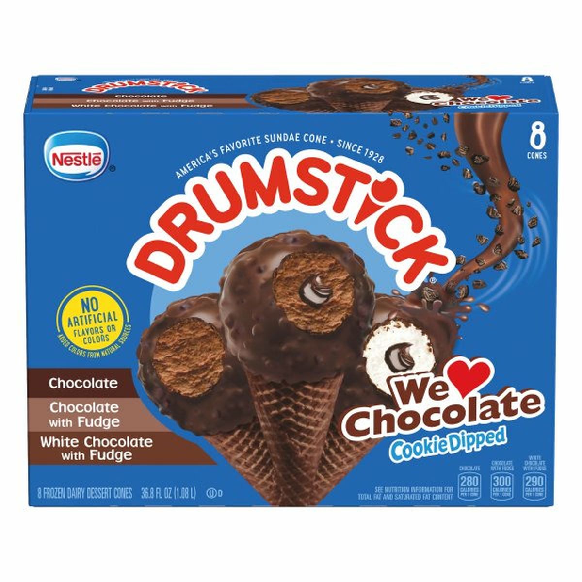 Calories in Drumstick Frozen Dairy Dessert Cones, We Love Chocolate, Cookie Dipped, 8 Pack