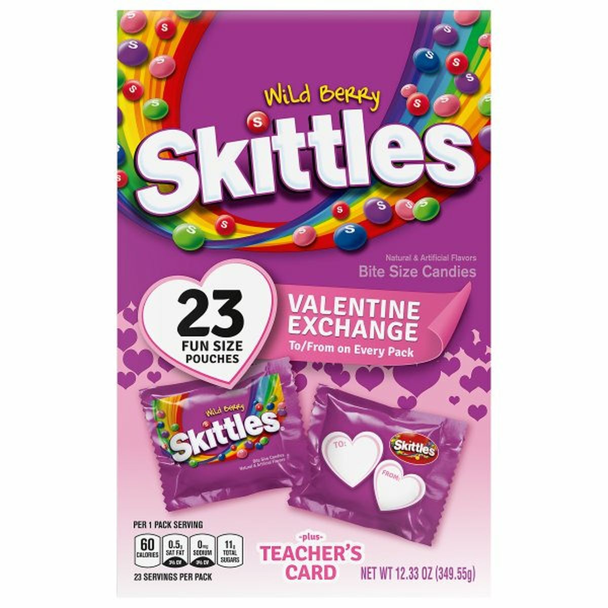 Calories in Skittles Bite Size Candies, Wild Berry, Valentine Exchange, Fun Size Pouches