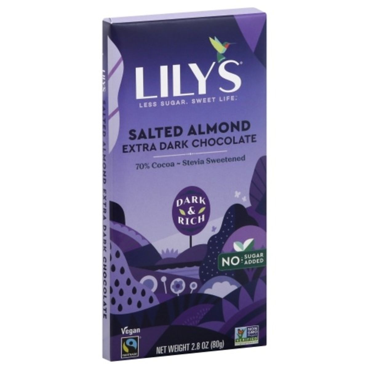 Calories in Lily's Chocolate, Extra Dark, Salted Almond, 70% Cocoa