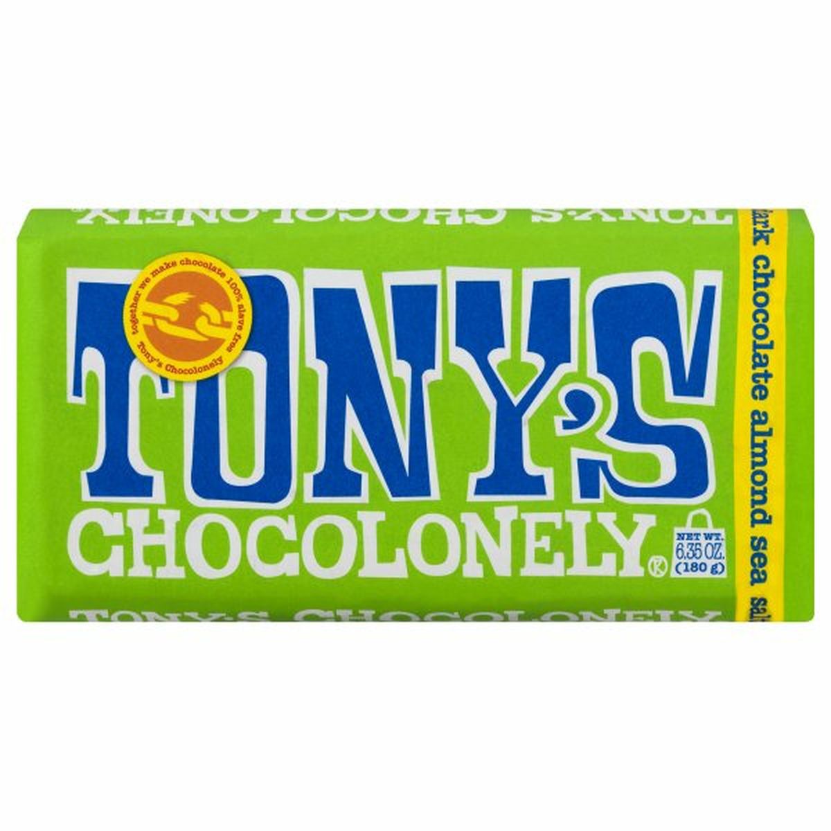 Calories in Tony's Chocolonely Dark Chocolate, Belgian, Almonds and Sea Salt, 65%