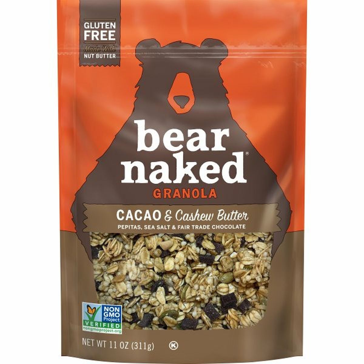 Calories in Bear Naked Cereal Bear Naked Granola, Cacao and Cashew Butter, Vegan and Gluten Free, 11oz