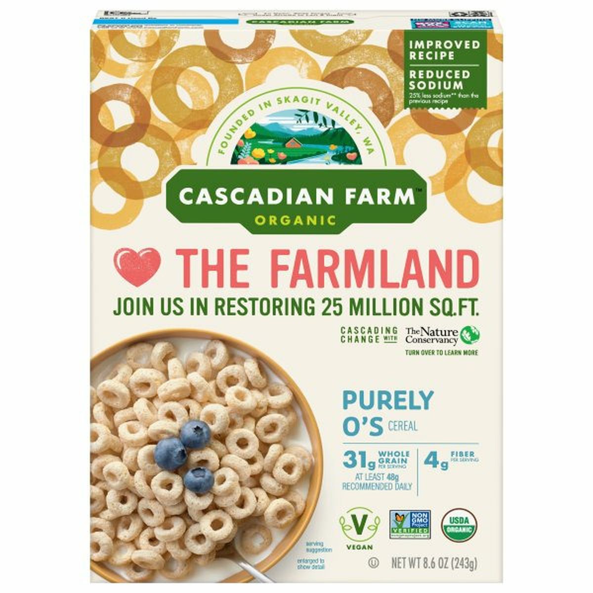 Calories in Cascadian Farm Cereal, Organic, Purely O's